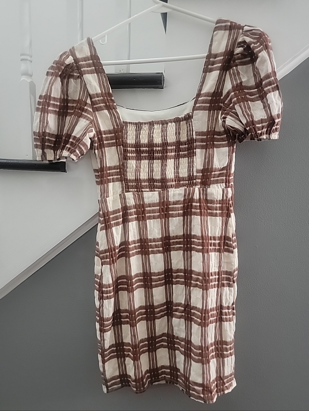 Sage The Label Womens Size XS Brown Plaid Puff Sleeve Y2K Western Mini Dress - Picture 3 of 5